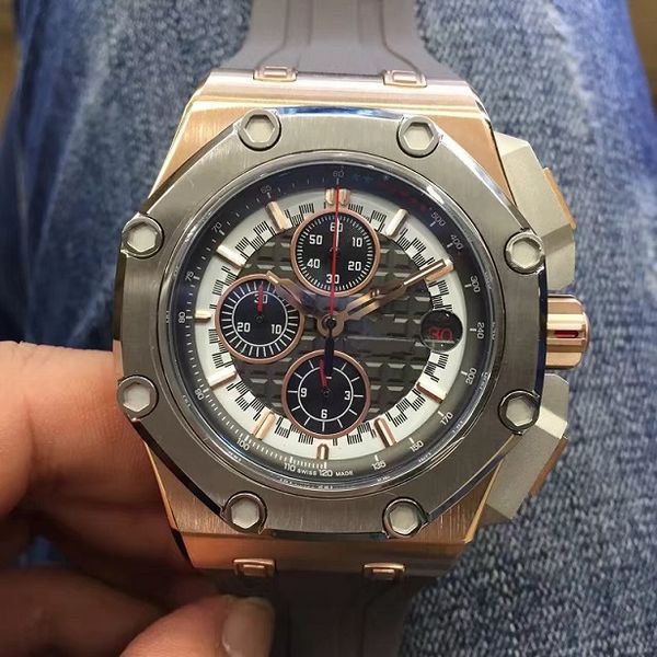 

2019 brand luxury men's watch 44mm vk movement watch chronograph calendar gray rubber men's classic fashion watches, Slivery;brown