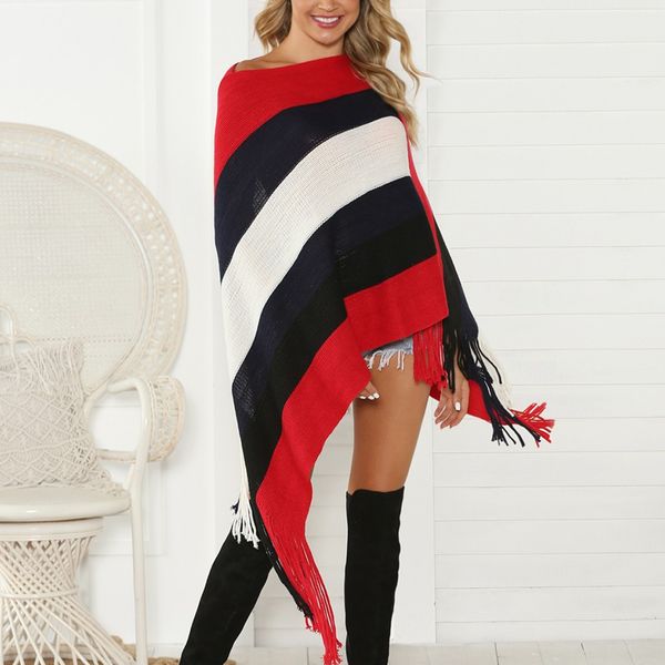 

women stripe print o-neck sweater women 2019 casual long sleeve cloak loose pullover autumn winter fashion tassels coat new, Black