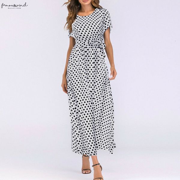 

2020 summer dress o neck short sleeve boho polka dot bandage maxi long dress beach sundress plus size vestidos, Black;gray