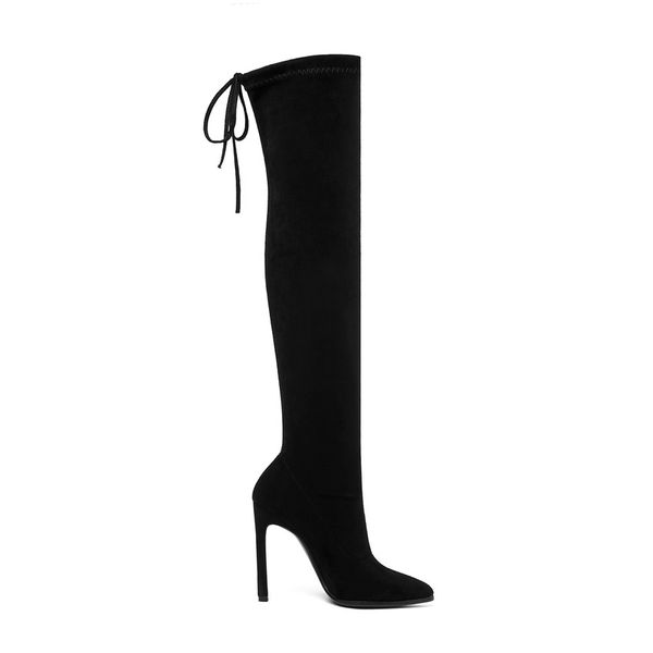 

qutaa 2020 women lace up over the knee boots fashion pointed toe thin high heel winter woman shoes long boot size 34-43 mx200324, Black