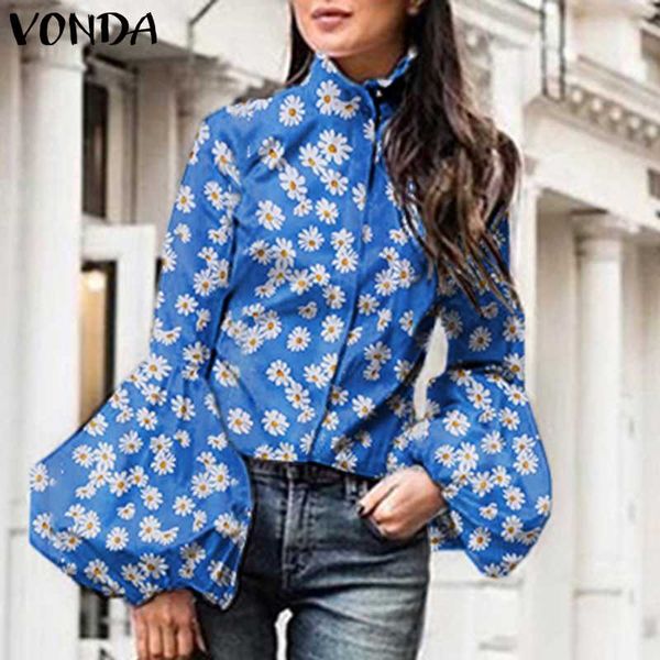 

blouse 2020 vonda women vintage printed shirts beach long lantern sleeve party bohemian plus size blusas tunic, White