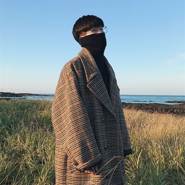 

2018 men's autumn and winter models korean version of the ultra-wide lapel plaid in the long section of coat coat khaki m, Black