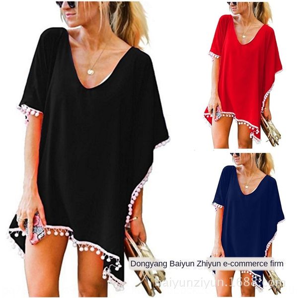 

solid color chiffon large size skirt skirt tassel small white ball beach dress blouse 11 color beach clothes female, White;black