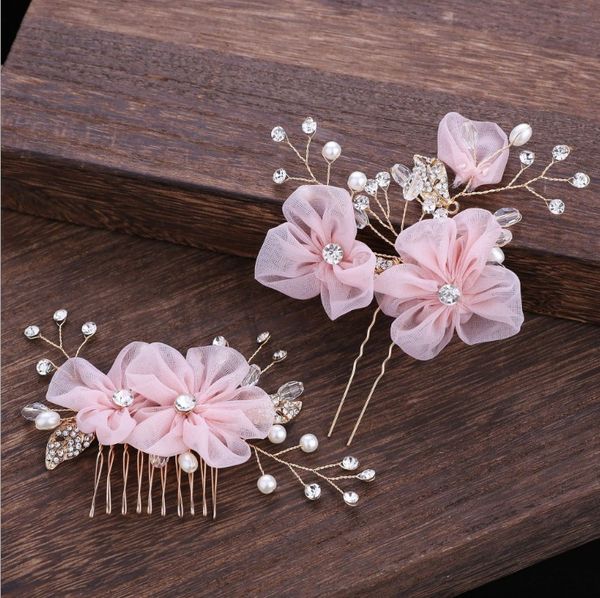 

1 set handmade flower hair comb pearl jewelry women hair accessories wedding combs romantic pink flowers party headdress, Golden;white