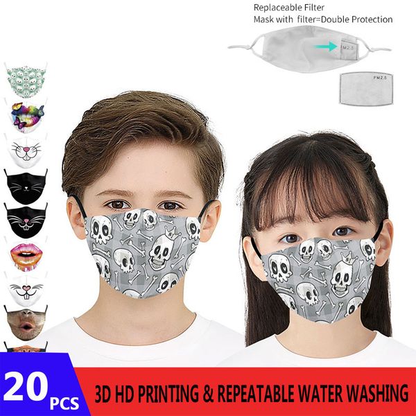

20pcs fashion 3d painting kids face mask protective pm2.5 windproof dust mouth cover washable reusable big mouth styles kids masks