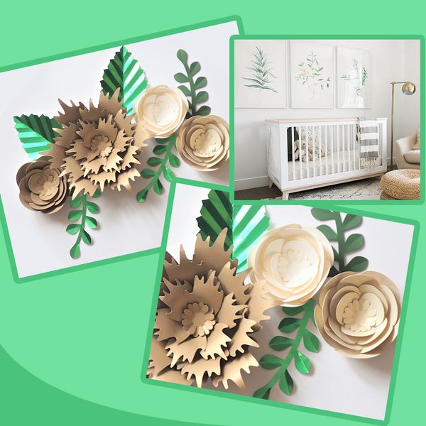 

handmade gold rose diy paper flowers green leaves set for wedding & event backdrop decorations nursery wall deco video tutorials