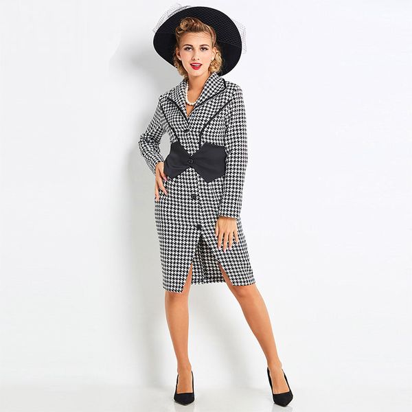 

sisjuly 2018 autumn dress black houndstooth women winter bodycon dresses patchwork lapel turn down v neck office work dress, Black;gray