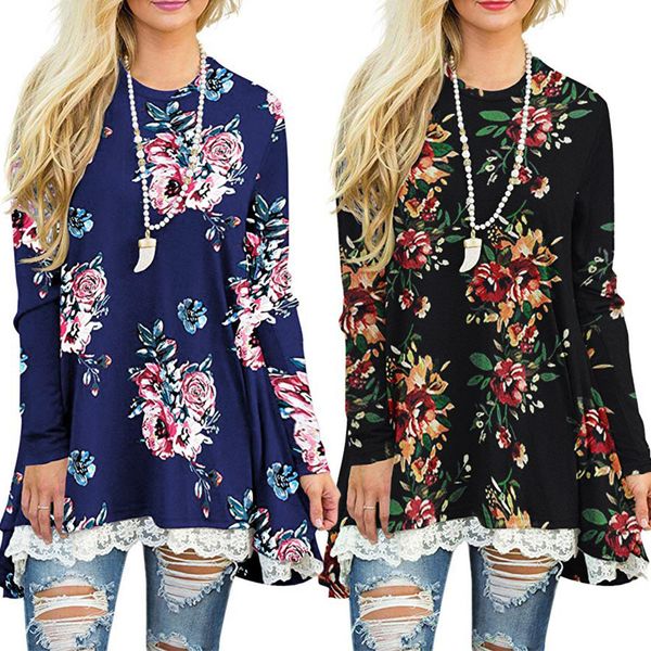

women's boho clothing winter autumn long sleeve lace flower print shirts casual o-neck a-line tunic blouse camisas mujer, White