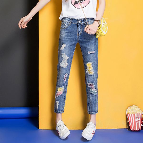 

liser women's jeans new nine-minute colour hole women's loose ms. harun jeans in spring and summer of 2019 distressed, Blue