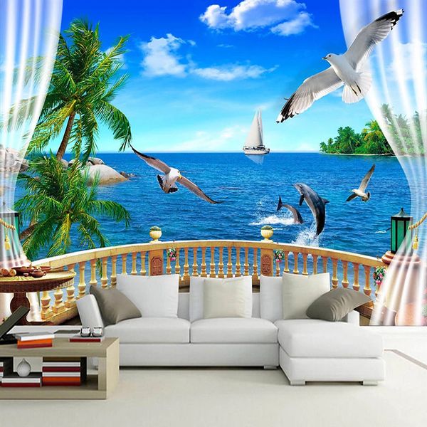 

custom 3d p wallpaper wall decals window balcony seascape 3d creative space living room sofa tv background wall mural paper