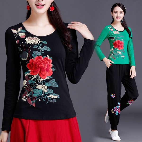 

classic spring autumn chinese style embroidered women print long-sleeve t-shirt female national trend plus size, Red