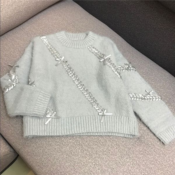 

luxury designer brand knitted sweatrer for women o neck mohair handwork bandage weaving bow loose knitted pullover sweater, White;black
