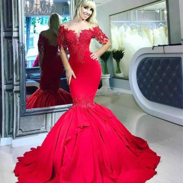 

2022 red mermaid prom dresses sheer neck backless robe soiree dubai beaded lace long sleeve formal evening gown party vestido de festa, Black