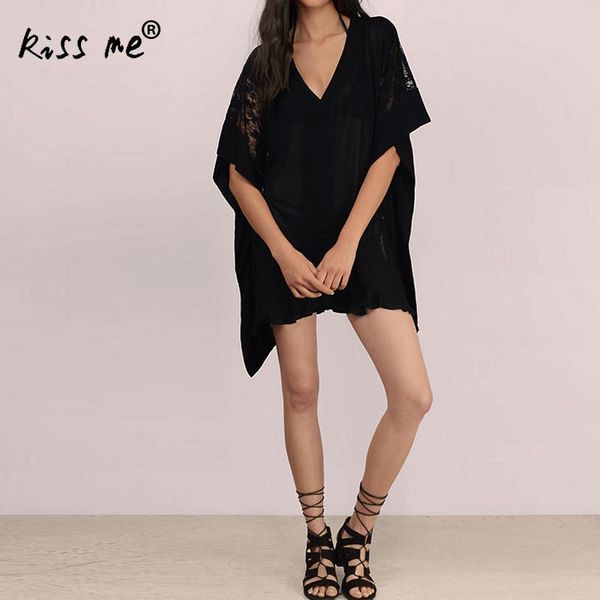 

summer chiffon bikini cover up solid hollow beach dress deep v short beach dress women see through wear sarong tunic, Blue;gray