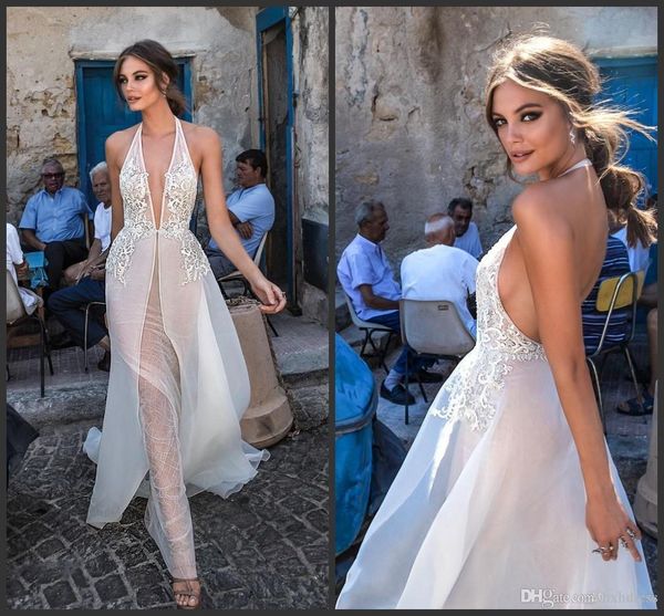 

2020 new lace wedding dresses backless halter v neck illusion bodice sweep train open back bridal gowns 654, White