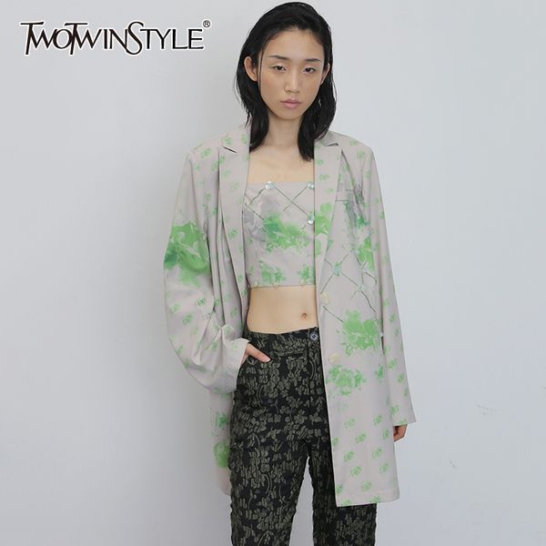 

twotwinstyle casual print asymmteircal blazer women notched neck long sleeve hit color suits for female fashion clothes 2020 new, White;black