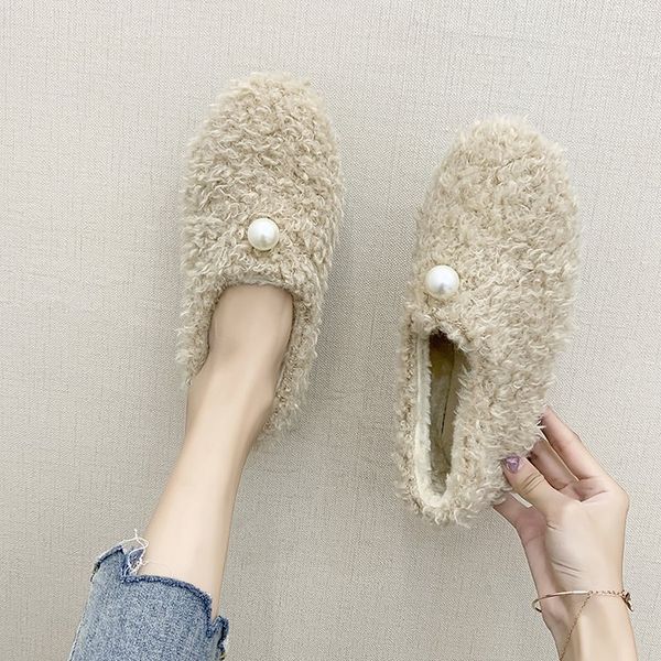

autumn women pearl decorateion slip-on grandma shoes women's moccasins casual female sneakers flats round toe loafers fur soft, Black