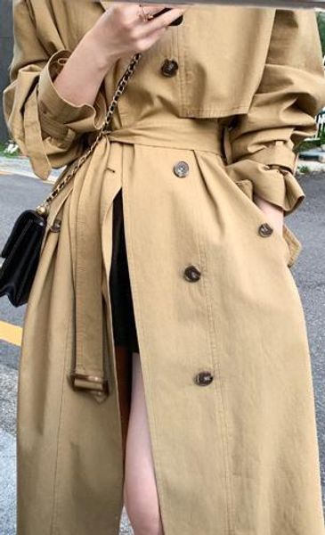 

215 2019 new khaki windbreaker female autumn long temperament british wind straps waist casual jacket over the knee coat, Tan;black