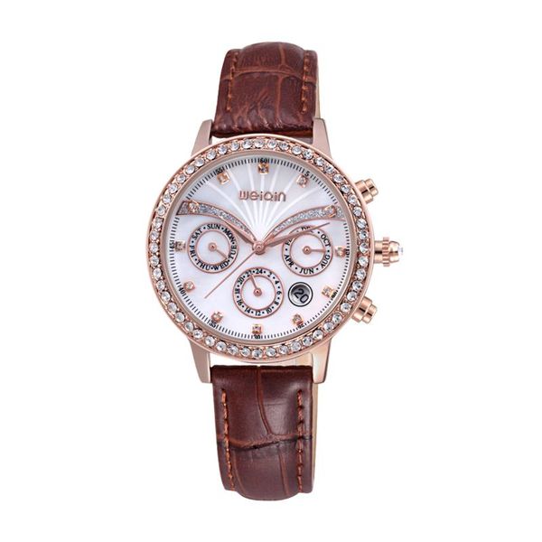 

2020 new brand fashion crystal diamond lady sports watch leather watchband waterproof multi functional quartz watch, Slivery;brown
