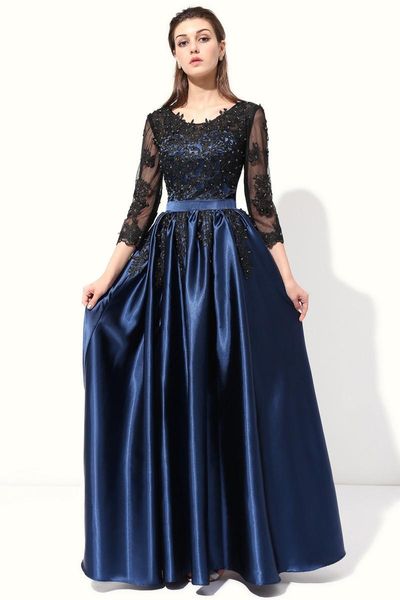 2020 New Hot Abito da sera lungo blu con ricamo in pizzo nero 4/3 maniche da banchetto abiti per la madre della sposa Robe De Soiree