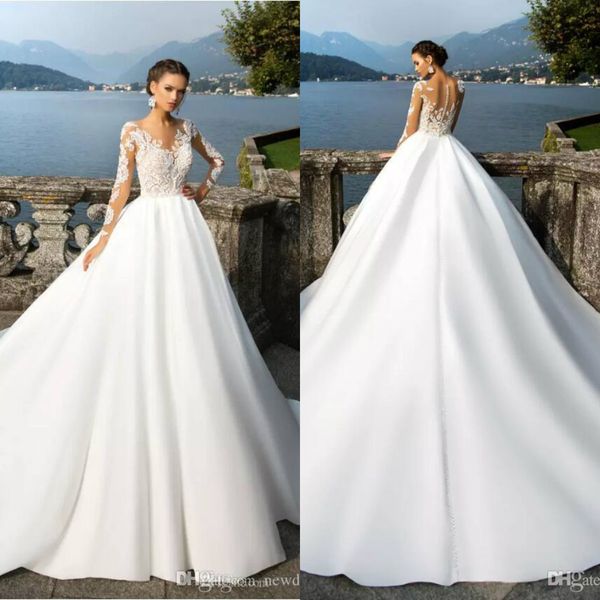 

очаровательная пляж свадебные платья sheer jewel атласная свадебные платья vestidos де novia кружева длинные рукава sweep поезд свадебное пл, White