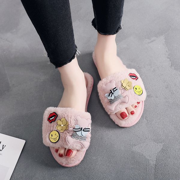 

fur shoes slippers flat slides low flower fashion plush soft luxury basic with fur tpr floral casual shearling short leisure, Black