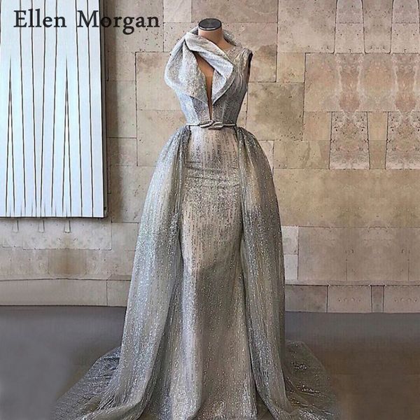 

silver glitter mermaid evening dresses 2019 detachable skirt cover back long party gowns for women wear, White;black