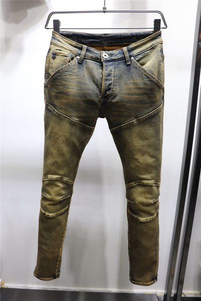 

items designer mens jeans repeated washed fold style yellow mud fashion mens jeans slim motorcycle biker causal hip hop us size 29-40, Blue
