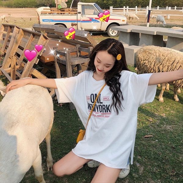 

women's backless printed short-sleeved t- women's 2020 loose medium and long t- shirt base shirt, White