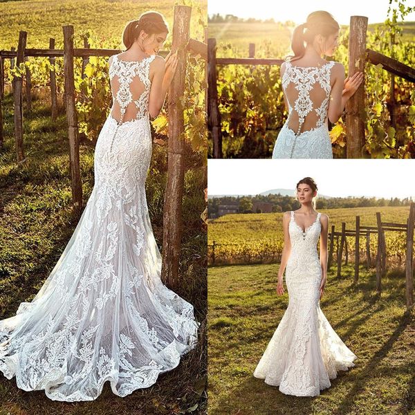 

2019 paghetti trap lace mermaid wedding dre e tulle applique weep train arabic bohemia wedding bridal gown with button bc1107