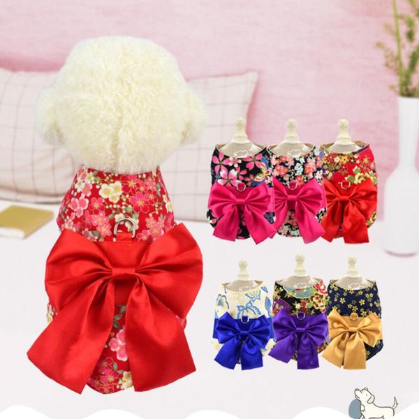 

dog pet vest harness kimono japanese style cherry blossoms breathable dring leash set butterfly bow dog apparel outfit s m l