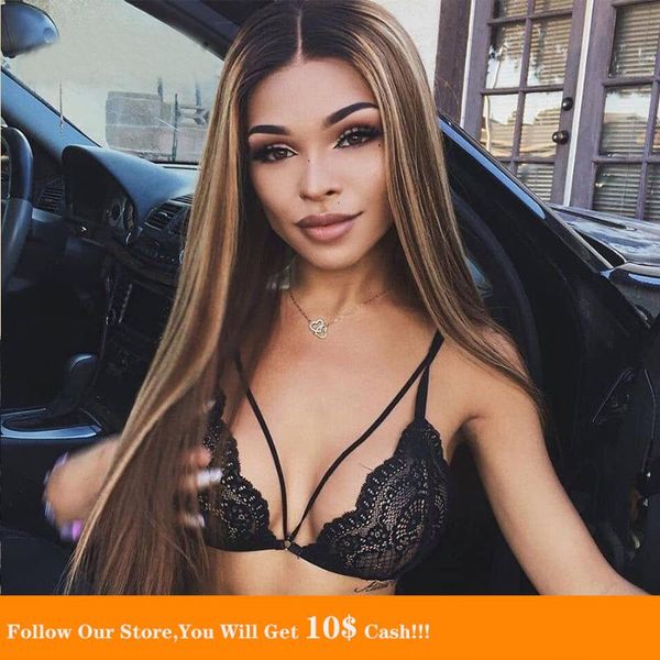 

lace wigs deep part 1b27 highlighted human hair long ombre honey blonde colored wig pre pluck front malaysia remy for women, Black;brown
