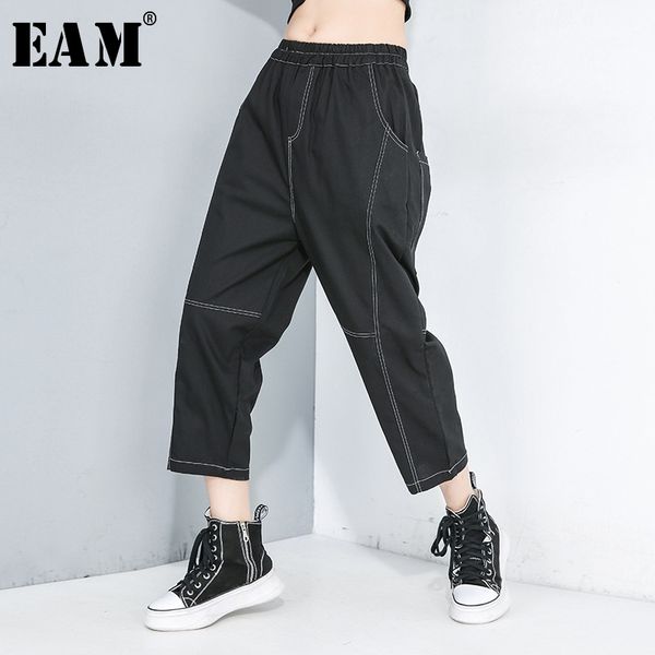 

eam] high elastic waist black line split long harem trousers new loose fit pants women fashion tide spring autumn 2020 1r167, Black;white