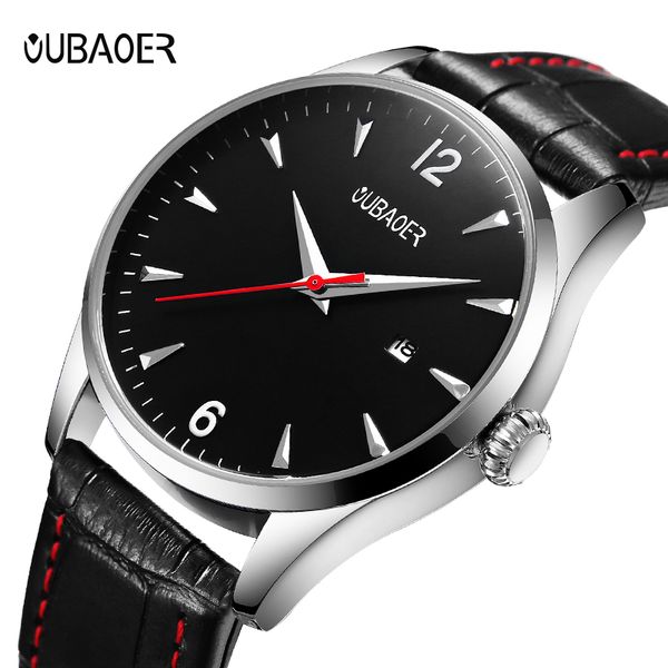 

oubaoer original watch men quartz watch casual date leather strap relogio masculino erkek saat reloj, Slivery;brown