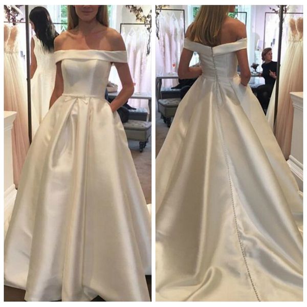 

простой off-плечу атласная свадебное платье с рукавами с sash развертки поезд белые свадебные платья для дешевые свадебные да sposa свадебны, White