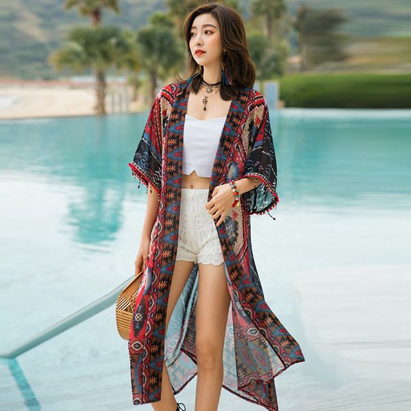 

women's blouses & shirts 2021 thailand holiday tassel sleeve beach sunscreen vintage print chiffon women summer bohemian long cardigan, White