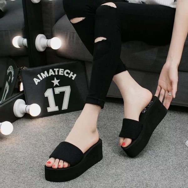 

the new summer word drag pure color ladies cool drag beach shoes slippers super thick and cake bottom slippers sandals women's shoes, Black