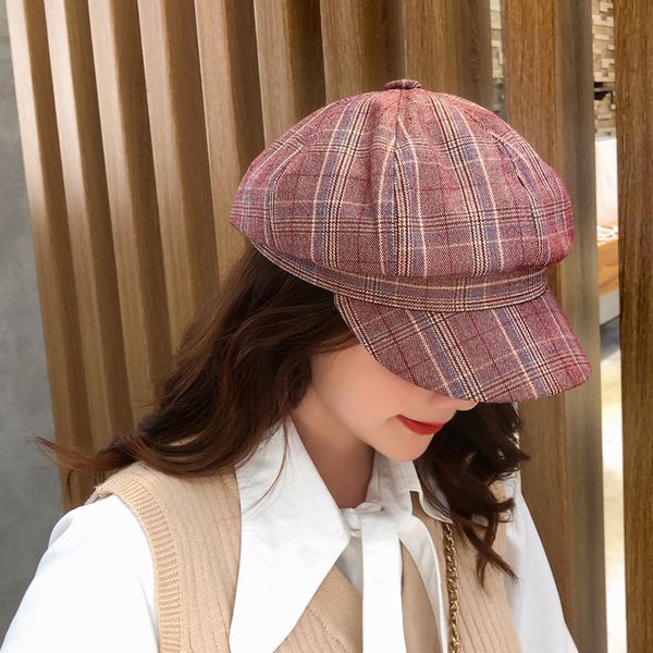 

joker octagon hat japanese literary plaid cap british retro male and female painters hat beret, Blue;gray