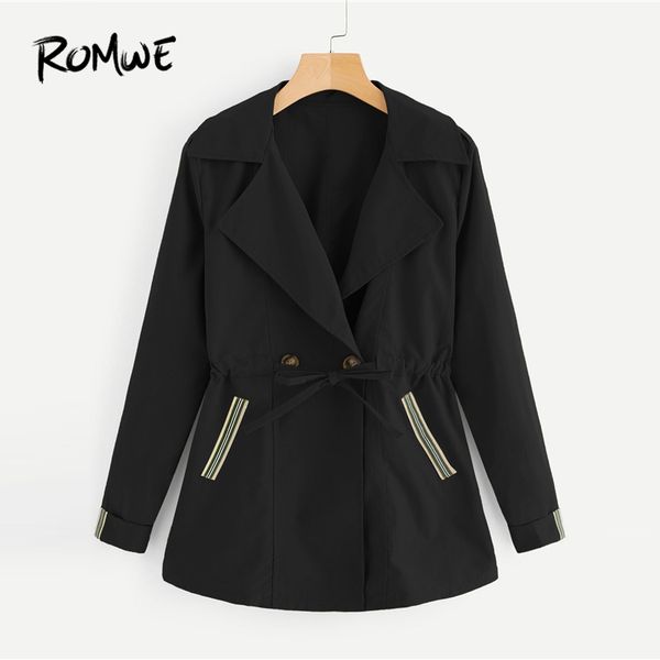 

tape panel drawstring waist jacket 2019 chic notched collar long jackets young spring autumn pockets womens outerwear, Black;brown