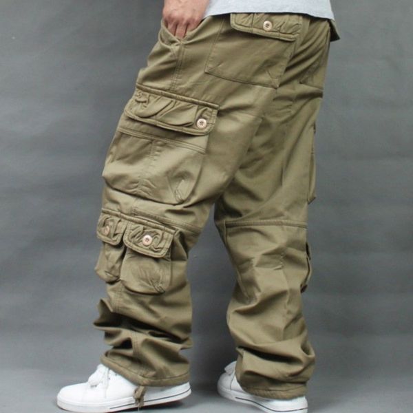 

cargo casual mens pant baggy trousers male tactical pants with multi pockets thick warm loose fit plus size, Black
