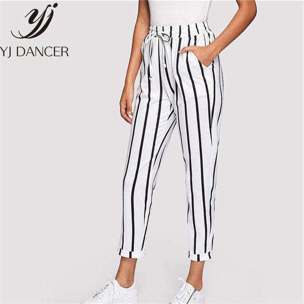 

2018 vertical striped skinny pants white elastic waist pocket tapered carrot trousers women autumn crop workwear pants css304, Black;white