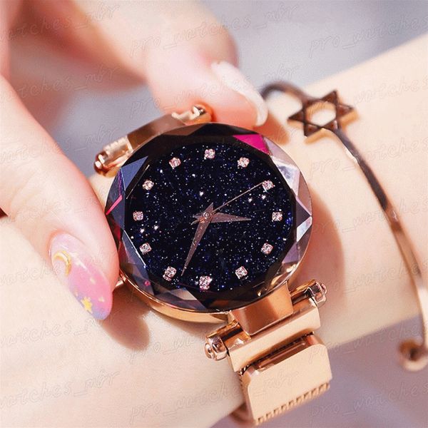 

brand wristwatch rose gold mesh magnet buckle starry quartz watch geometric surface casual women quartz wristwatches h023