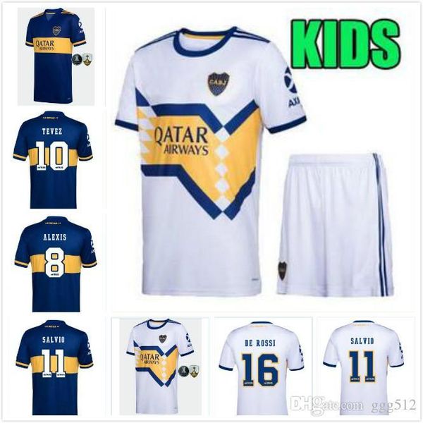 

man kids 20 21 boca juniors away white de rossi soccer jerseys 2020 2021 boca juniors home blue tevez benedetto nandez pavon football shirts, Black;yellow