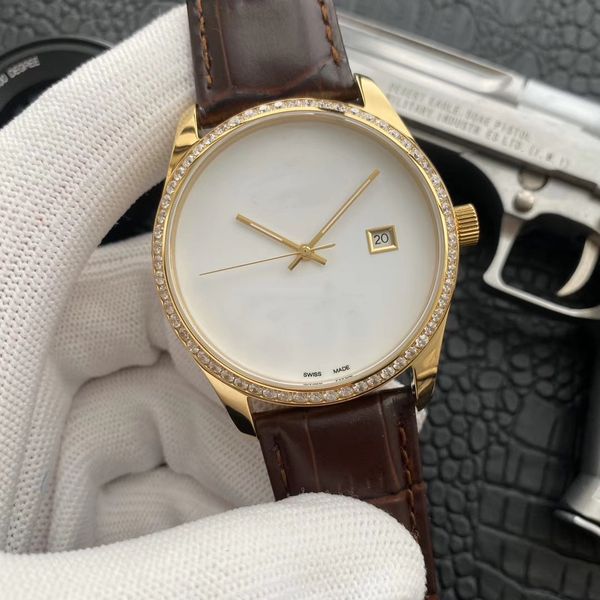 

3 hands single calendar mechanical men's watch imported calfskin strap automatic mechanical movement mineral gold steel glass mirror 42, Slivery;brown