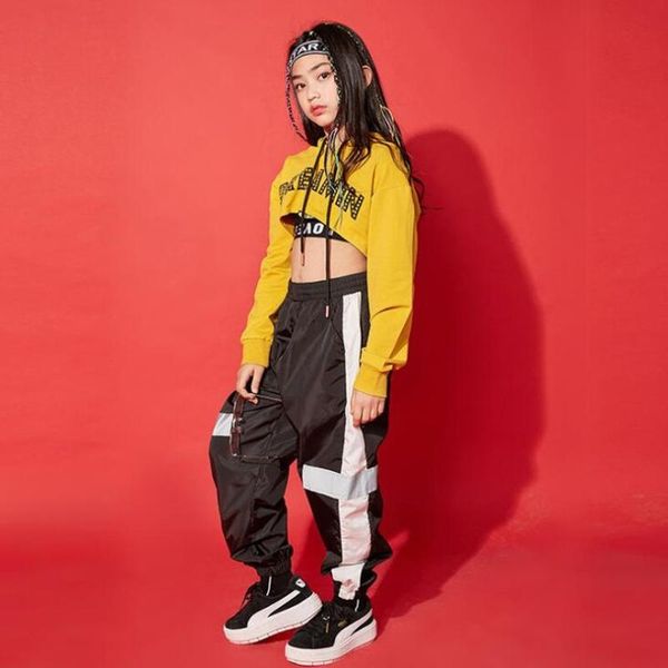 

kid cool yellow hip hop hoodies sweatshirt crop jogger pants pullover girls jazz dance costume ballroom dancing clothes wear, Black;red