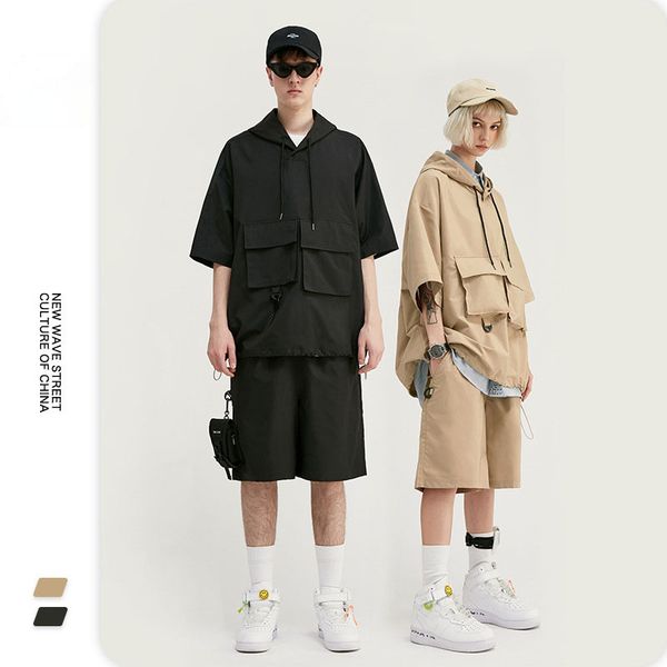 

2020 new fashion luxury design three-dimensional pocket tooling quick-drying hooded windbreaker short-sleeved t-shirt loose shorts suit, Tan;black