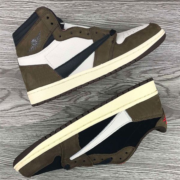 

travis scott x 1 1s mens basketball shoes sneakers suede brown men boy athentic sports designer trainers running shoes with box, White;red