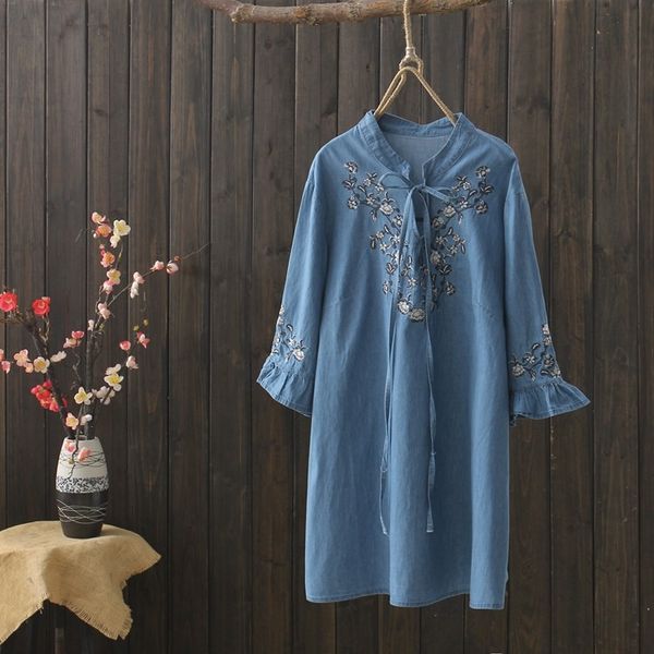 

kyqiao women denim shirt 2019 mori girls autumn spring japanese style chic ethnic mandarin collar embroidery blue denim blouse, White