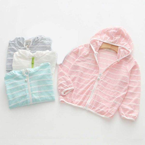 

2020 summer 3-8y protection jacket children kids baby girls boys striped long sleeve hooded zipper sport outdoors wear, Blue;gray