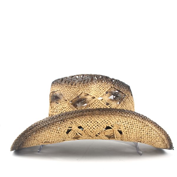 

new straw hollow western cowboy hat women men handmadepunk sombrero hombre beach cowgirl jazz sun hat size 56-58cm, Blue;gray